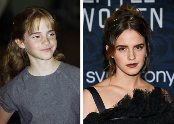 Emma Watson 2001 vs. 2019. Till vänster: Emma Watson på Harry Potter-premiären 2001 och till höger på premiären av Little women, 2019.
