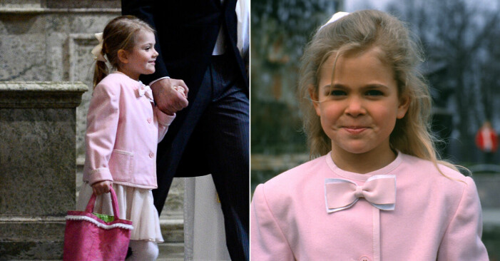 Prinsessan Estelle i moster prinsessan Madeleines rosa jacka med rosett.