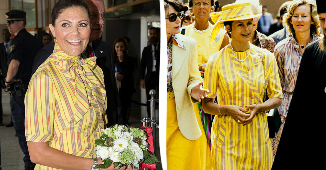 Kronprinsessan Victoria och drottning Silvia i samma gula retroklänning.