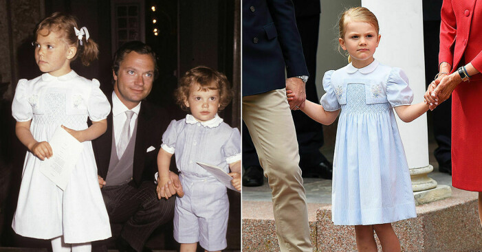 Kronprinsessan Victoria och prinsessan Estelle i samma klänning vid samma ålder.