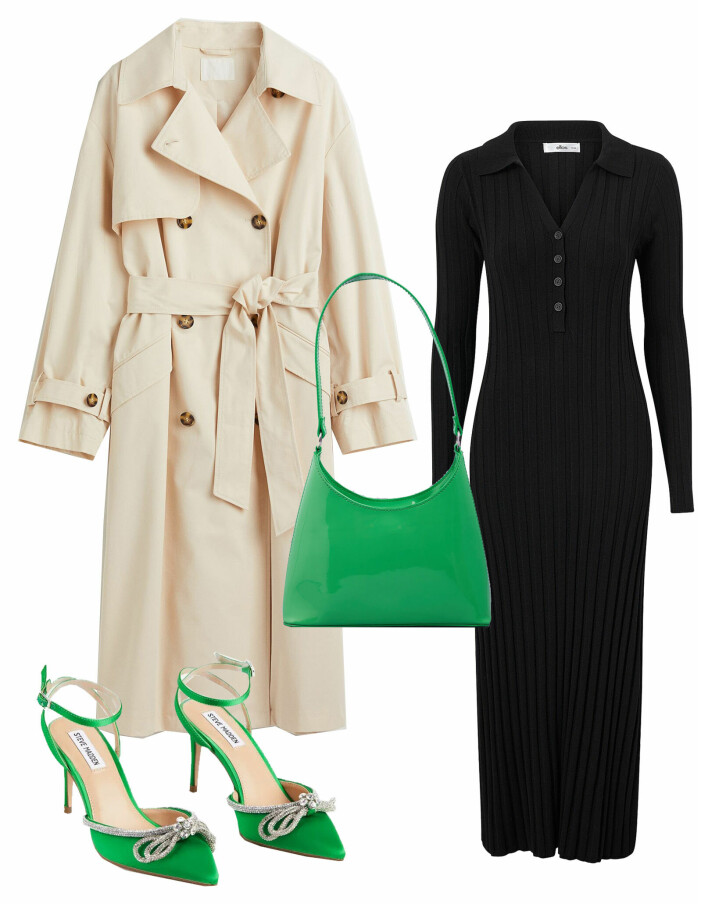 outfit för festkväll med svart ribbat klänning, trenchcoat och grön väska