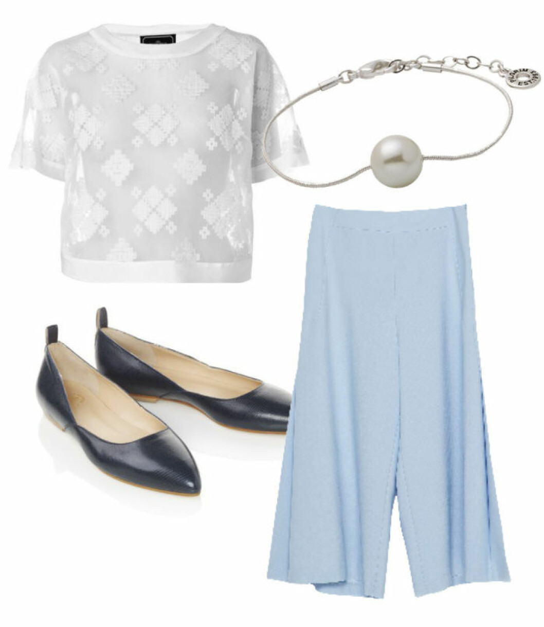 Topp från By Malene Birger, 1 319 kr.<br>Armband från Pilgrim, 199 kr.<br>Ballerinaskor från ATP Atelier, 1 900 kr.<br>Byxa från Zara, 299 kr. Topp från By Malene Birger, 1 319 kr. Armband från Pilgrim, 199 kr. Ballerinaskor från ATP Atelier, 1 900 kr. Byxa från Zara, 299 kr.