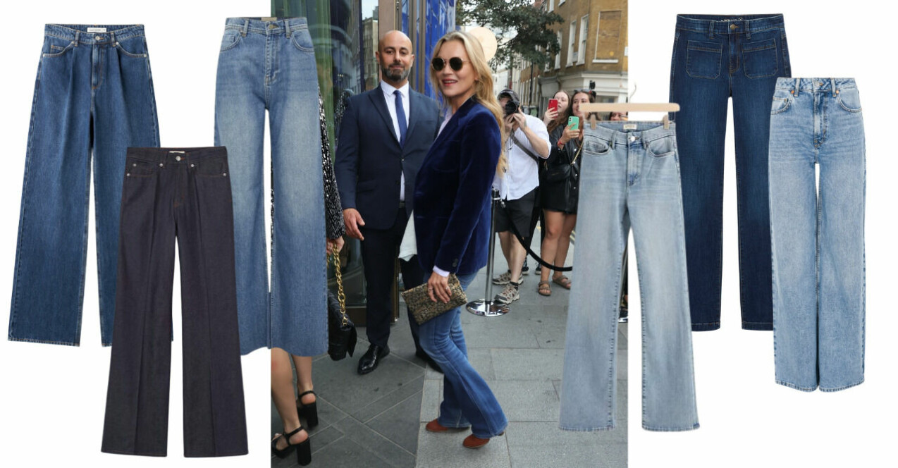 Kate Moss i mitten av bilden klädd i flare-jeans. Inspirationskollage med Kate Moss och 6 olika utställda jeans. Samtliga jeans beskrivs mer i artikeln nedan.
