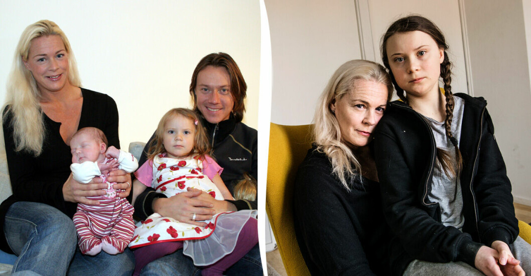 Malena Ernman och Svante Thunberg med döttrarna Beata och Greta, 2005. Till höger syns Malena med Greta år 2018.