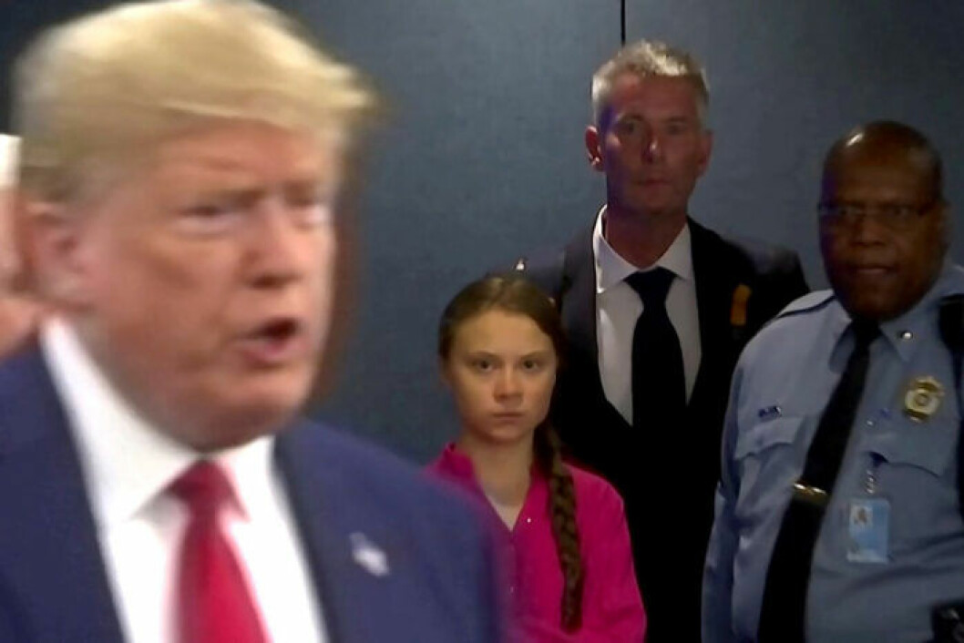 Om blickar kunde döda… Foto: TT Greta Thunberg blänger på Trump.