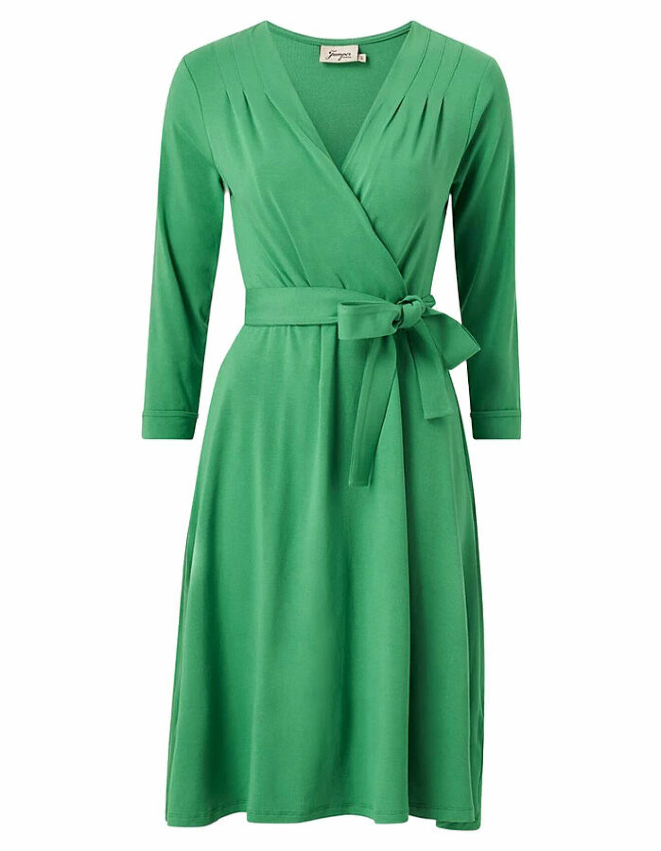 viskosklänning i grönt med omlottdesign från jumperfabriken
