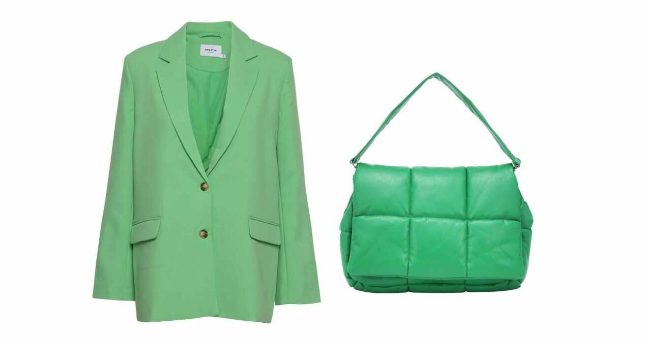 Grön kavaj och väska.