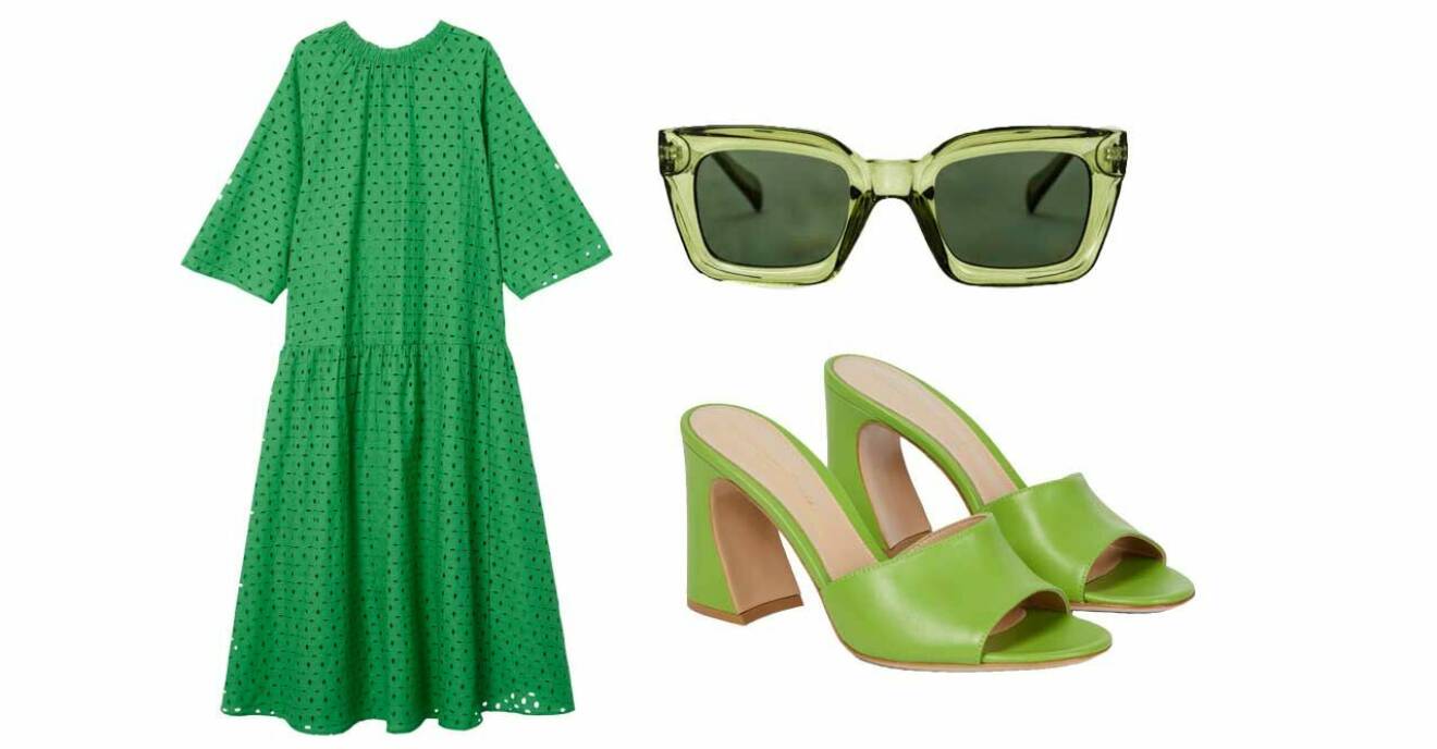 Grön klänning, solglasögon och klackskor.