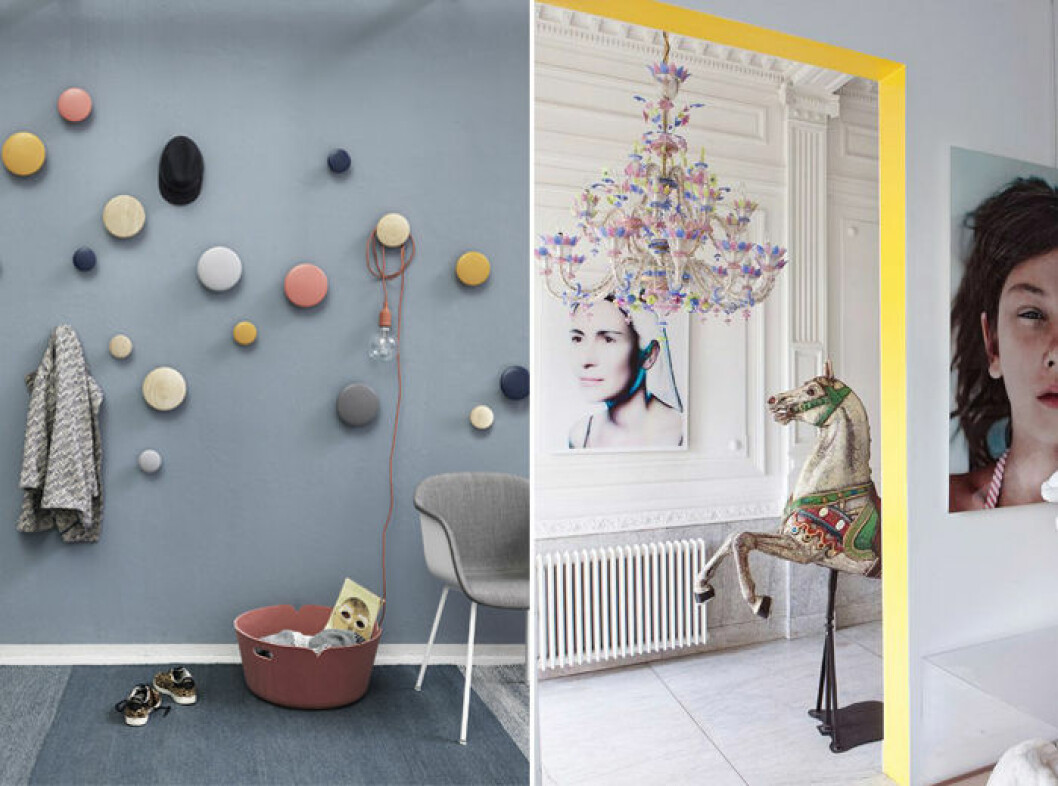Gula accentfärger piggar upp i hallen. | Foto: Muuto & via <a href="https://www.vogue.com.au/vogue-living/interiors/inside-seven-beautifully-eccentric-homes/image-gallery/bcdde41973084832c281845de13940d5" target="_blank" rel="noopener">Vogue</a> gula accenter i hallen är snyggt och trendigt 2019