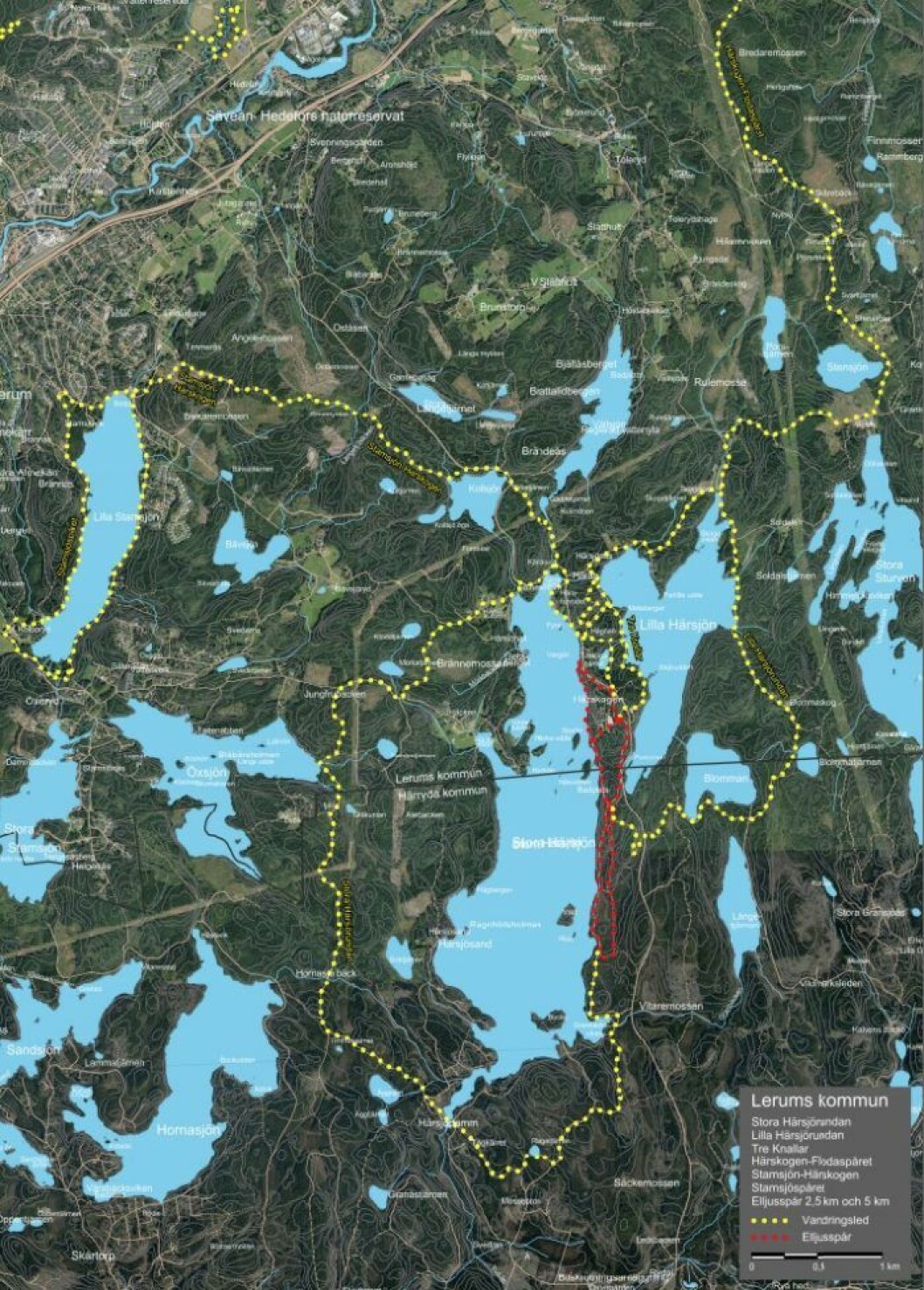 Det finns många leder att välja mellan i Härskogen. <a href="http://lerum.se/globalassets/global/bildhanteraren/uppleva-och-gora/friluftsliv/natur/vandringsleder-oversiktskarta.pdf" target="_blank" rel="noopener">Se större karta här.</a> Härskogen.