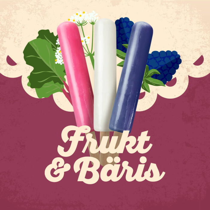 Glasspinnarna Frukt & Bäris kommer i tre smaker. Frukt och Bäris från Hemglass