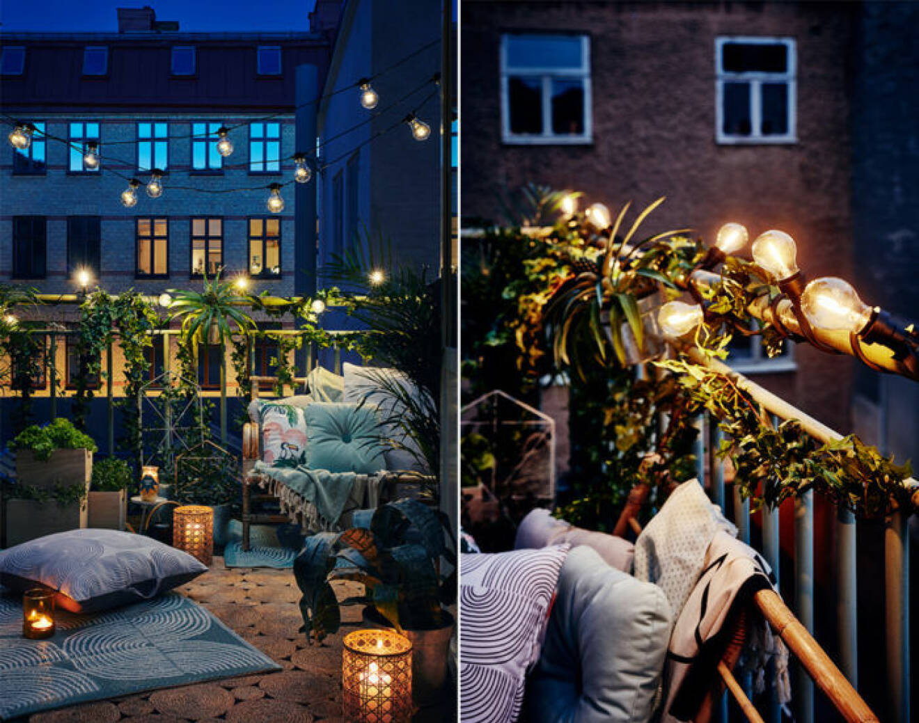 Cosy balcony with plants and string lights. 