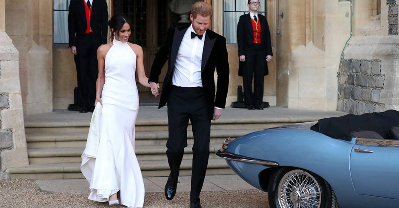 Meghan och Harry på väg till sin andra bröllopsfest, meghan bär Stella McCartney