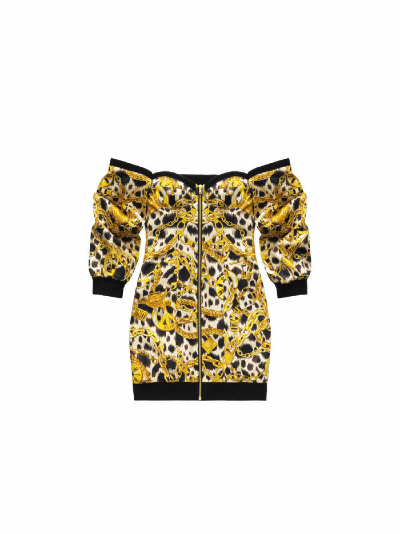 Långärmad leopardklänning med guldprint och off shoulder ur Moschino [tv] H&M