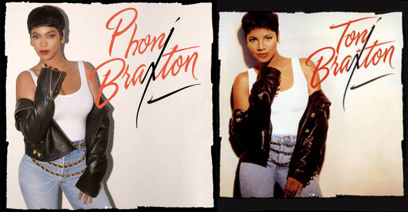 Beyoncé i 90-talskläder, utklädd till Toni Braxton, och originalfoto på Toni Braxton som Beyoncé försöker efterlikna.