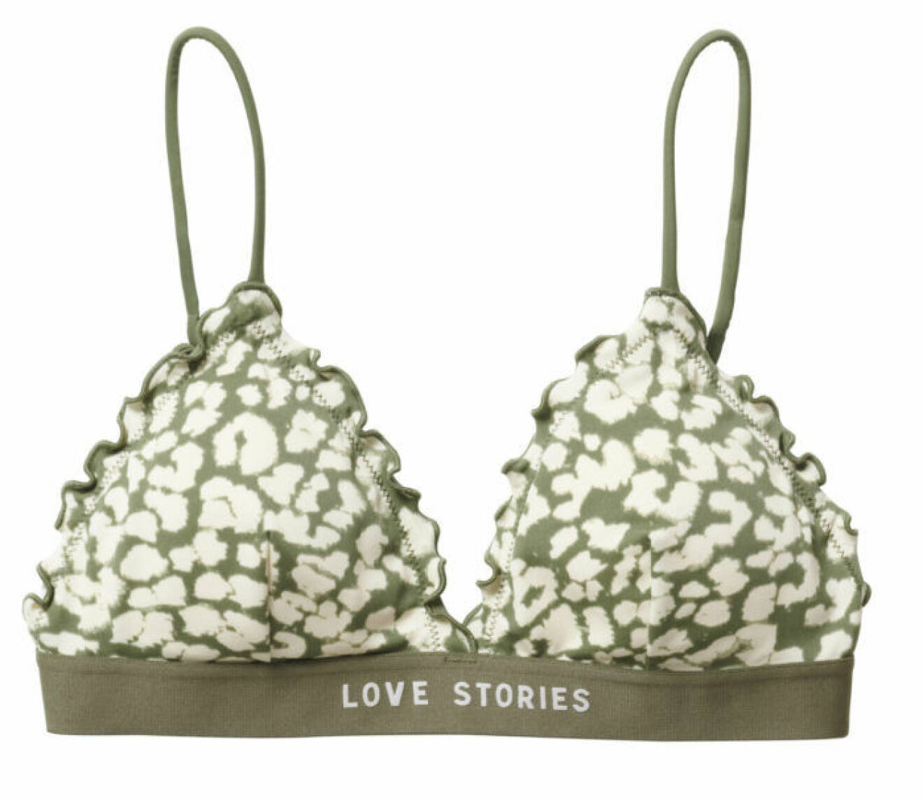 H&M släpper badkollektion med Love Stories – grön mönstrad bikiniöverdel med volanger