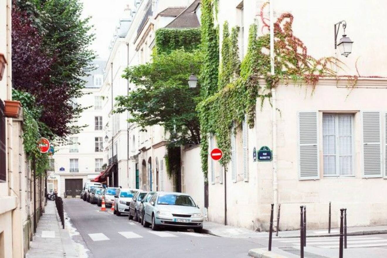 Vacker gata med murgröna på muren i Paris