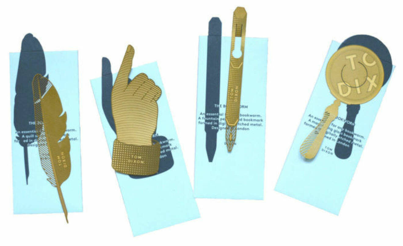 Ett bokmärke i mässing håller koll på sidorna – Hand, Quil, Magnifier och Pen, 163 kr/st, design Tom Dixon, www.artilleriet.se.