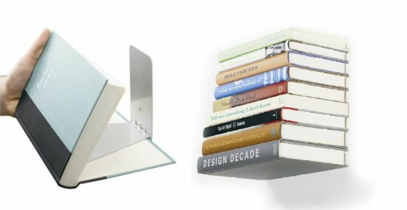 En osynlig bokhylla! Conceal i metall kläms fast mellan den nedersta boken pärmar. Skruv för upphängning ingår. Pris 195 kr, www.designtorget.se. 