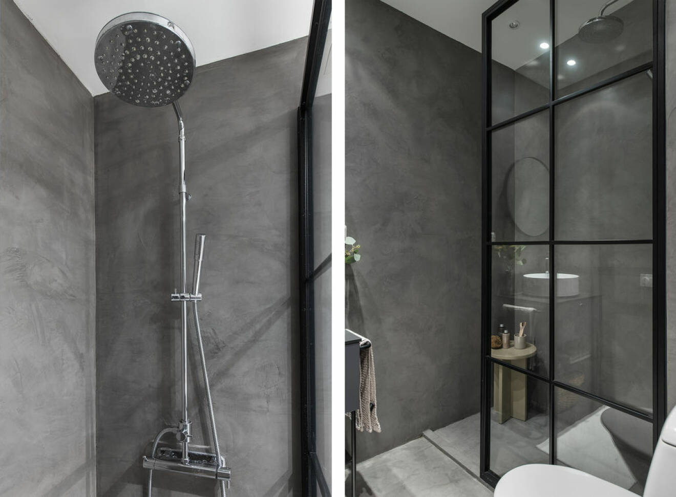 Industrivägg i glas som duschvägg och väggar och golv i microcement i badrum