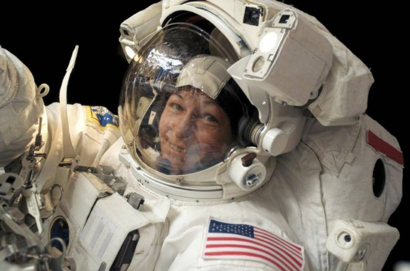 ISS repair spacewalk. Extravehicular activity (EVA, or spacewalk) being carried out by American astronaut Peggy Whitson (born 1960). Whitson was the first female mission commander at the ISS (International Space Station). This spacewalk was undertaken in order to repair the Bearing Motor Roll Ring Module (BMRRM), which is part of the ISS's Beta Gimbal Assemblies (BGAs). The BGAs orientate the ISS's solar panels towards the Sun when the ISS changes direction. Photographed on 30th January 2008. (c) Science Photo Library /IBL Bildbyrå
