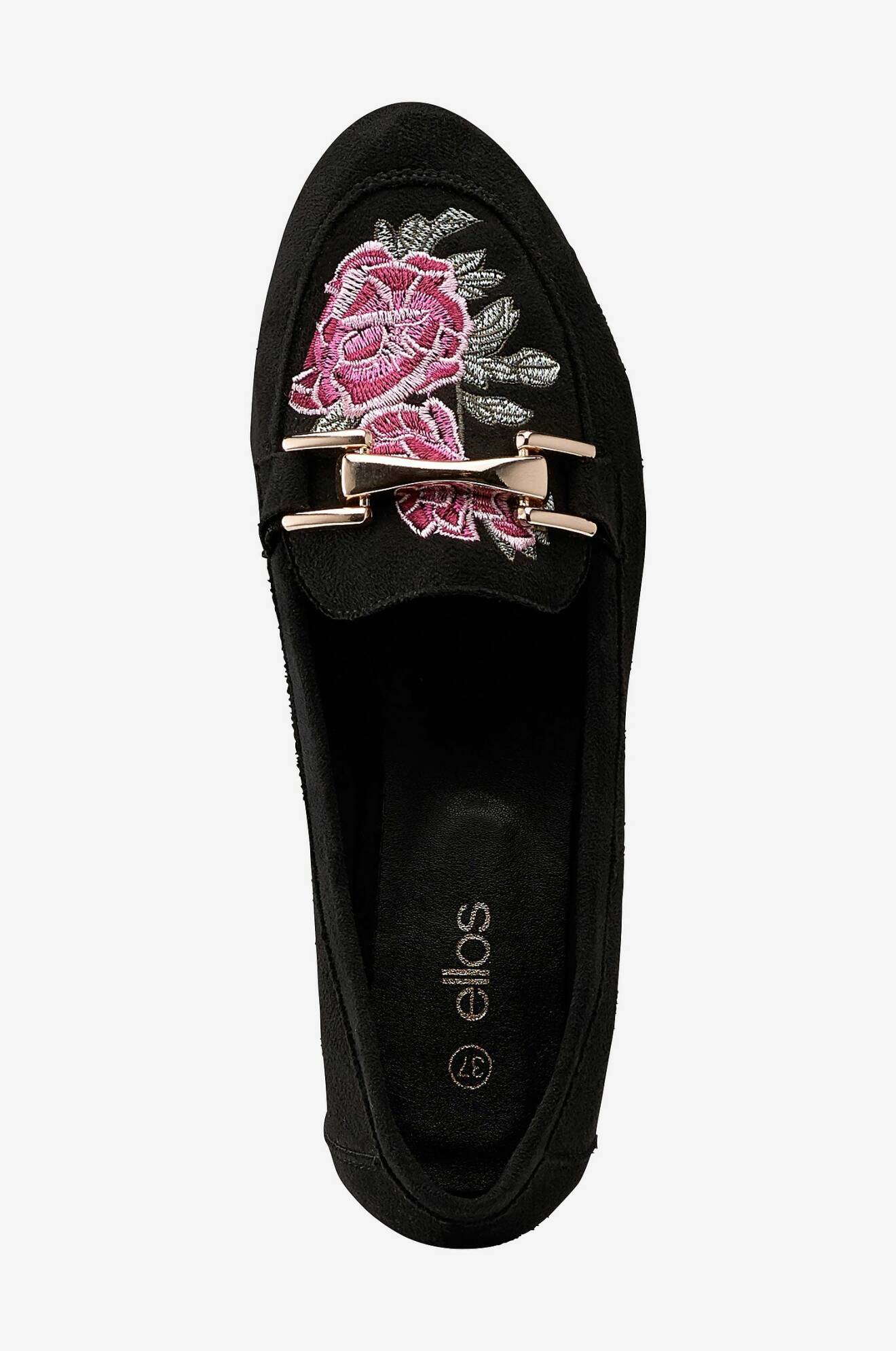 Svarta loafers med broderad blomma