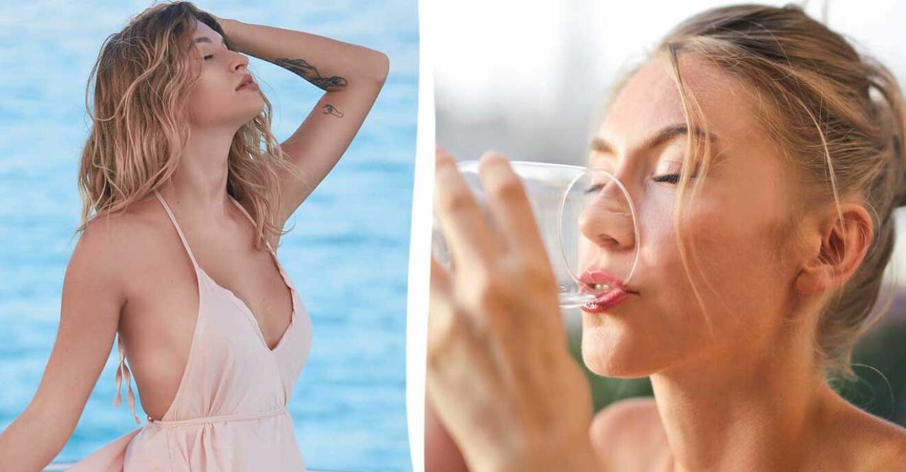 Kvinna solar vid havet kvinna dricker vatten