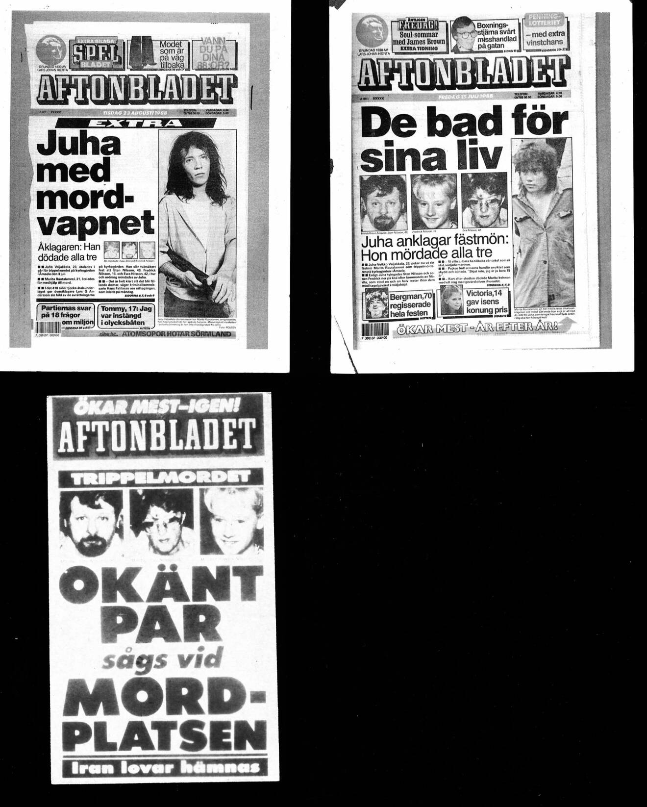 Förstasidor från Aftonbladet kring morden i Åmsele 1988.