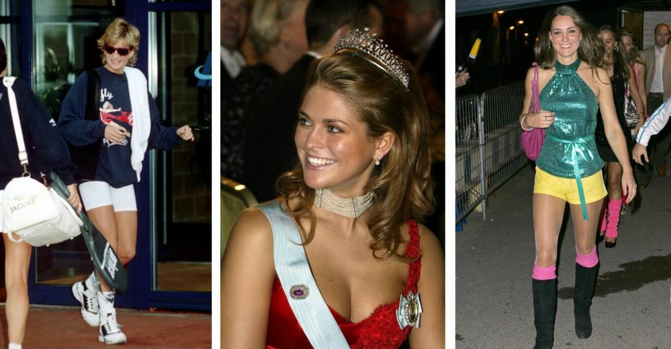 Tre bilder från vänster: Prinsessan Diana i träningskläder och cykelbyxor. Prinsessan Madeleine i tiara och röd, urringad klänning. Kate Middleton i färgglad disco-outfit med korta shorts och bara ben.