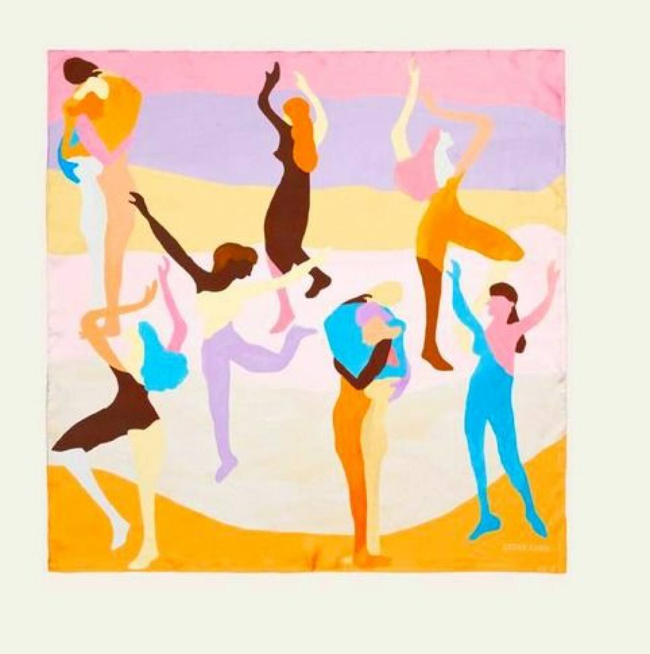 Sjal i silke men mönster i form av människor som dansar. Färgerna är ljuslila, gul rosa, blått, orange och brunt. Scarf från Stine Goya.