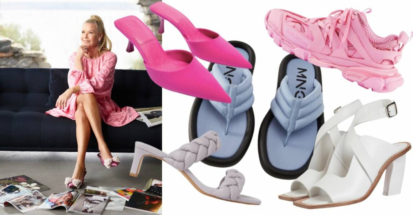 Efva Attling i rosa klänning och rosa skor med strassprydd rosett på. frilagda bilder på 5 olika skor som återkommer i artikeln nedan "Skor du ska satsa på för att skapa wow-känsla".