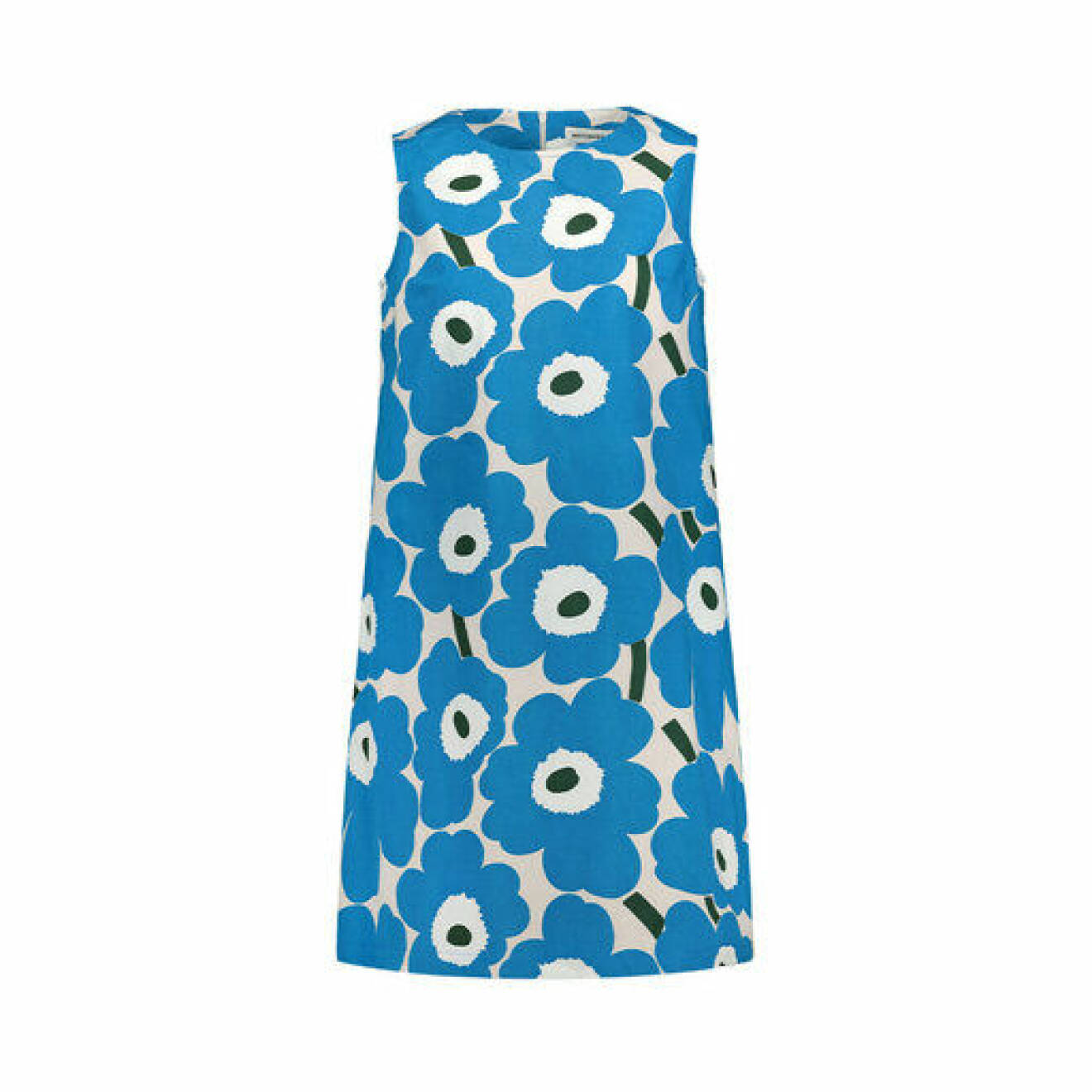 Klänning i a-linjeskuren modell. Rundad hals, ärmlös och blå blommigt mönster. Klänning från Marimekko.