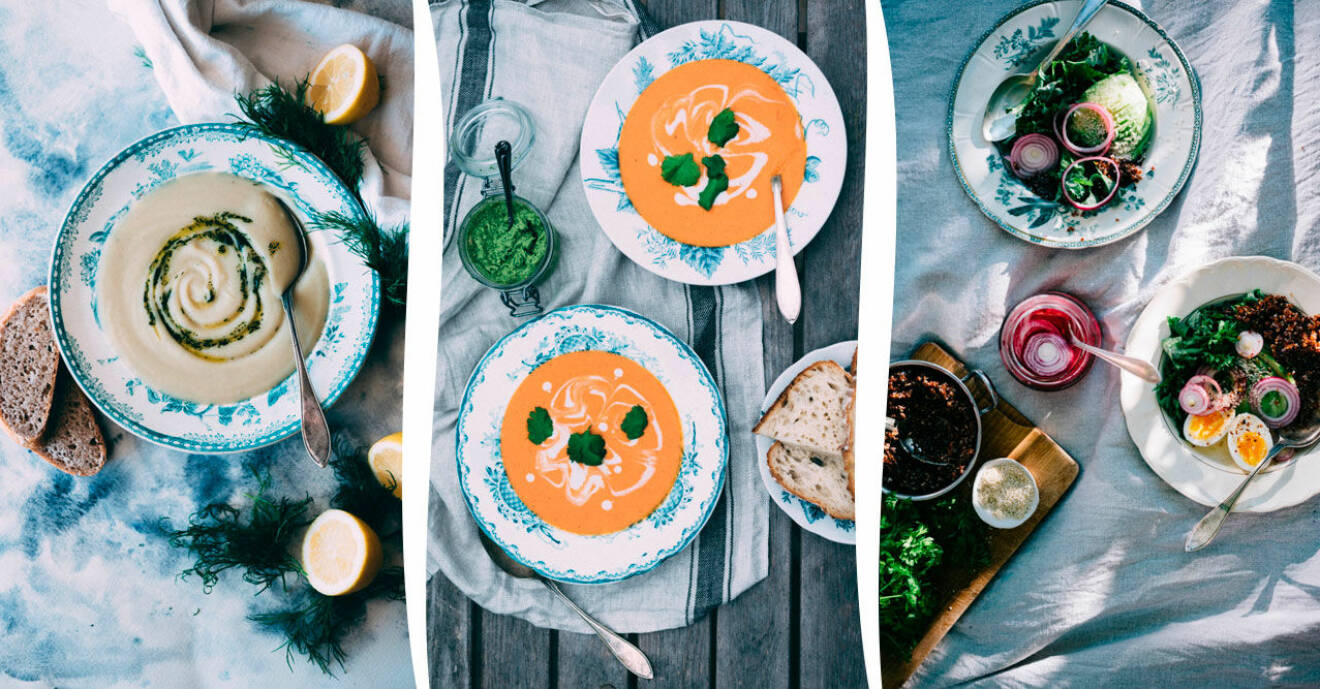 Vit grönsakssoppa och dillolja, Tomatsoppa med kokosmjölk och Frukostsoppa – goda sommarsoppor