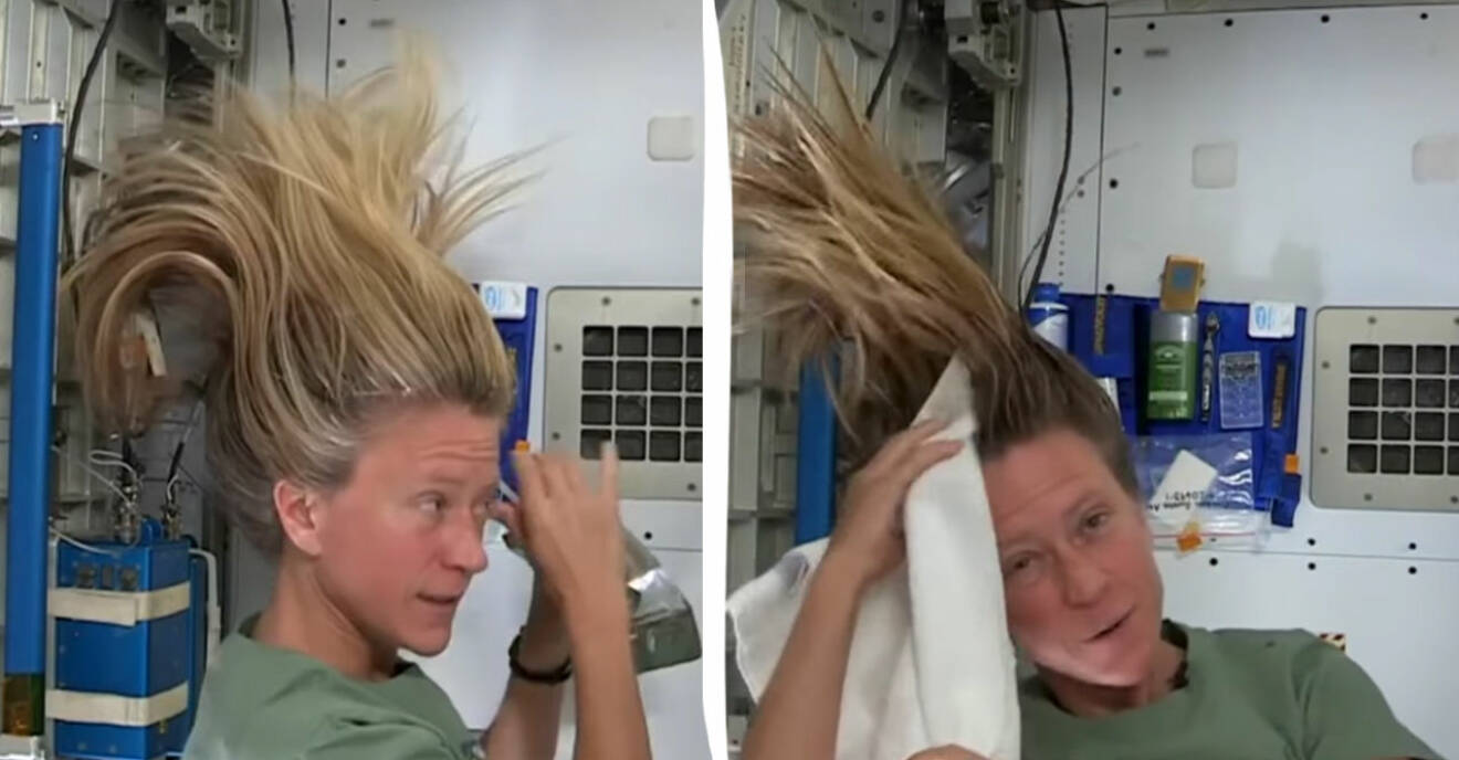 Karen Nyberg tvättar håret i rymden.
