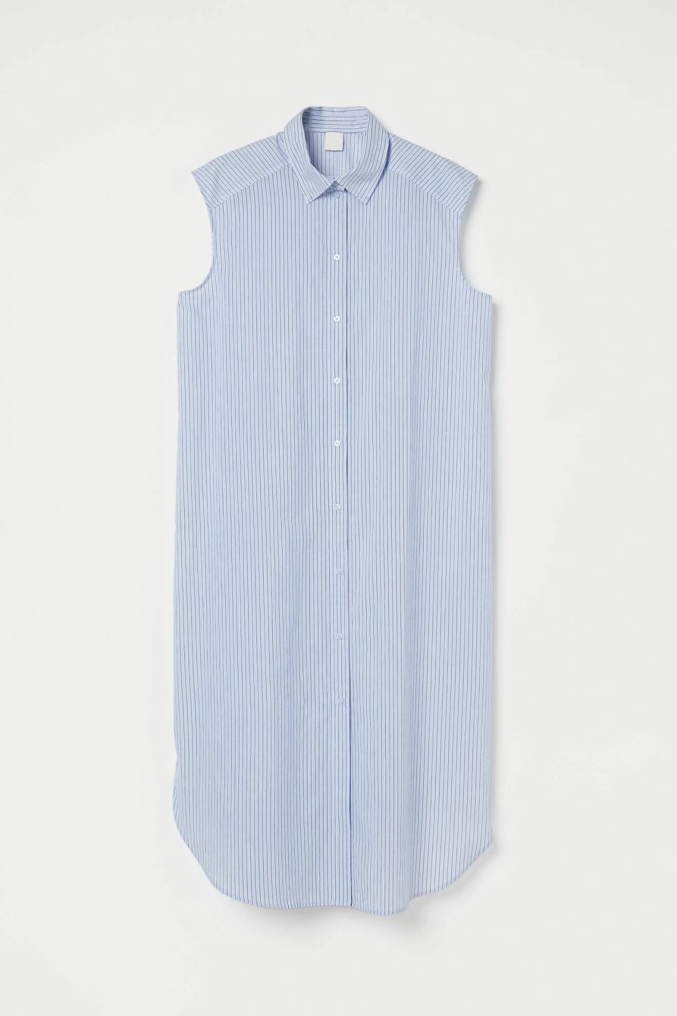 Ljusblå och vit randig skjortklänning utan ärmar. Midikängd. Skjortklänning från H&amp;M.
