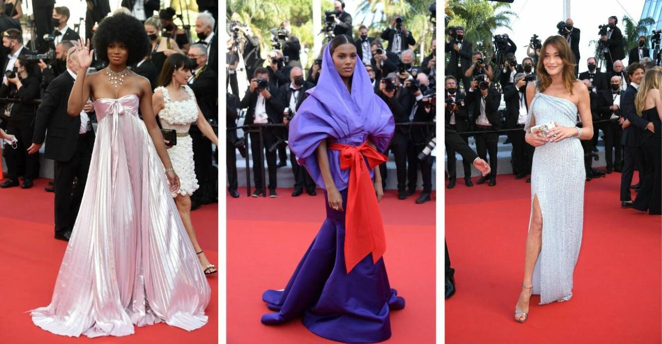 Bilder från röda mattan på Cannes filmfestival. Från vänster: Didi Stone, Tina Kunakey och Carla Bruni.