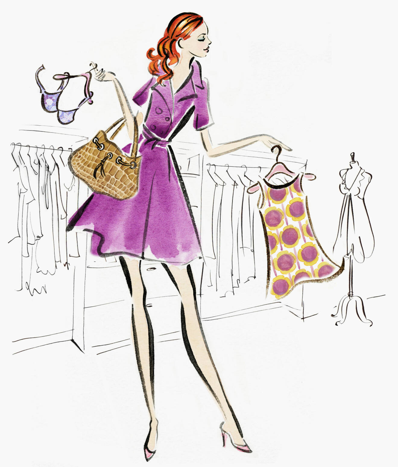 Illustration av kvinna som är i en butik och shoppar.