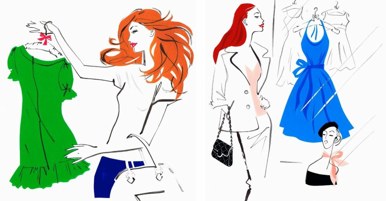 Illustrationer av kvinnor som shoppar och kollar på kläder.