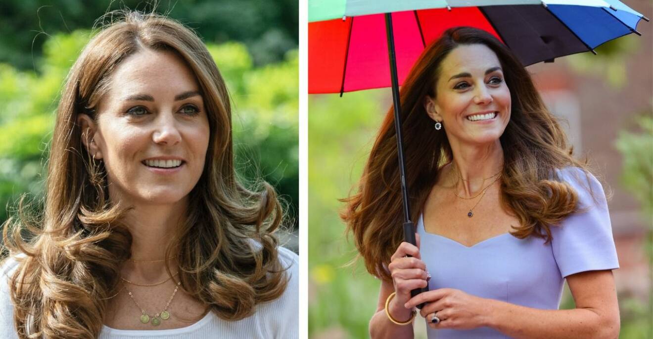 Två bilder på Kate Middleton där hon bär två olika halsband med sina barns initialer på.