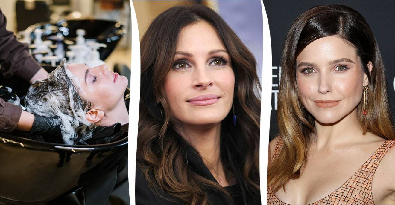 Kvinna blir schmponerad hos frisör, Julia Roberts brunett, Sophia Bush brunett.