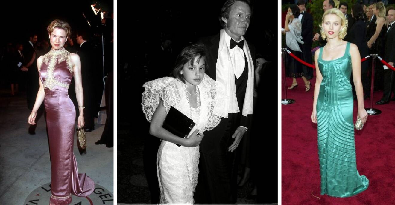 Bildkollage med tre gamla bilder på kändisar. Från vänster: Renée Zellweger, Angelina Jolie med sin pappa och Scarlett Johansson.