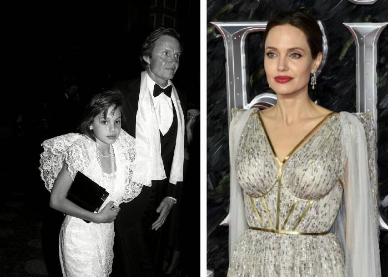 Till vänster: Angelina Jolie på Oscarsgalan 1986 med sin pappa och till höger på premiären av "Maleficent 2" 2019.