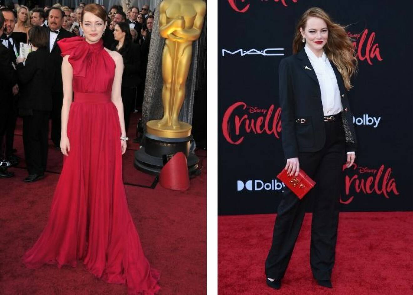 Till vänster: Emma Stone i röd klänning på sin första Oscarsgala 2012 och i svart kostym på premiären av Cruella 2021.