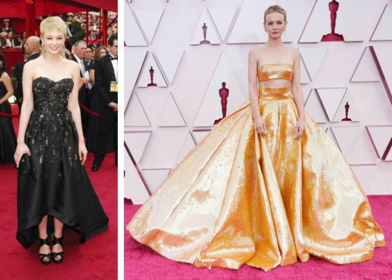 Till vänster Carey Mulligan i svart långklänning på sin första Oscarsgala 2010 och till vänster på Oscarsgalan i guldfärgad klänning 2021.