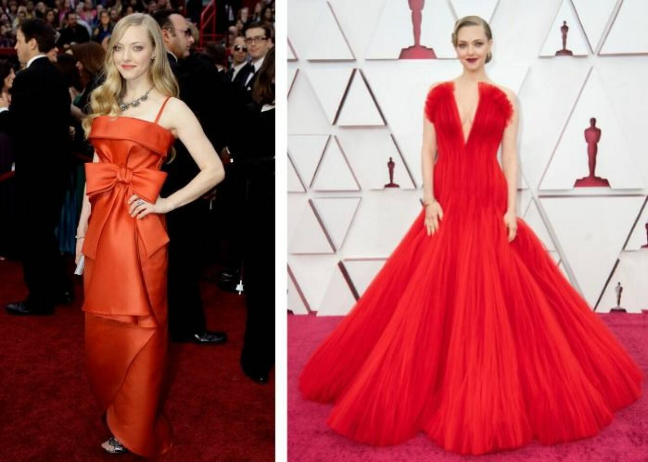 Till vänster Amanda Seyfried på Oscarsgalan 2009 och till höger på Oscarsgalan 2021.