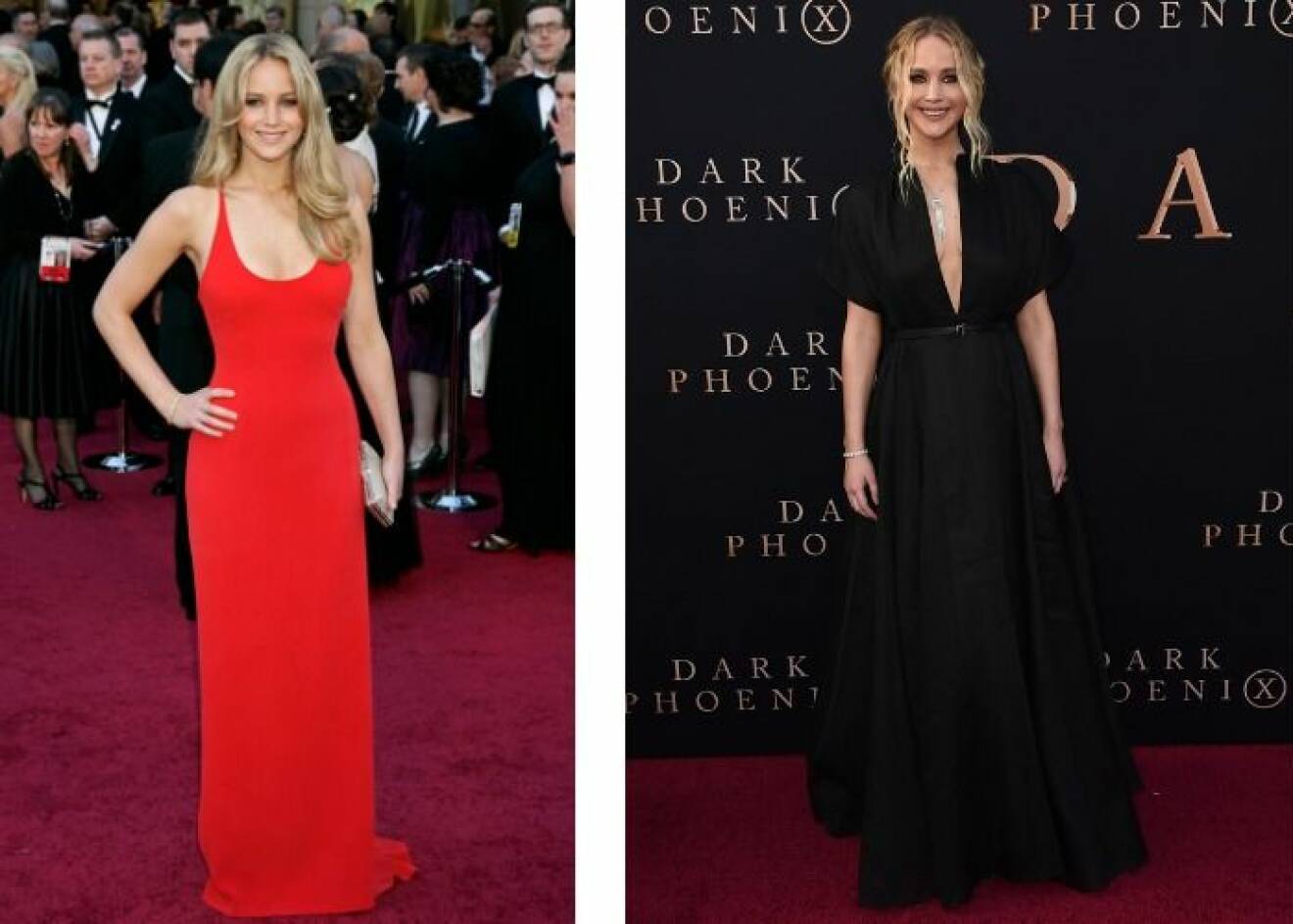 Till vänster Jennifer Lawrence i knallröd fodralklänning på sin första Oscarsgala 2011 och till höger i svart långklänning på en filmpremiär 2019.