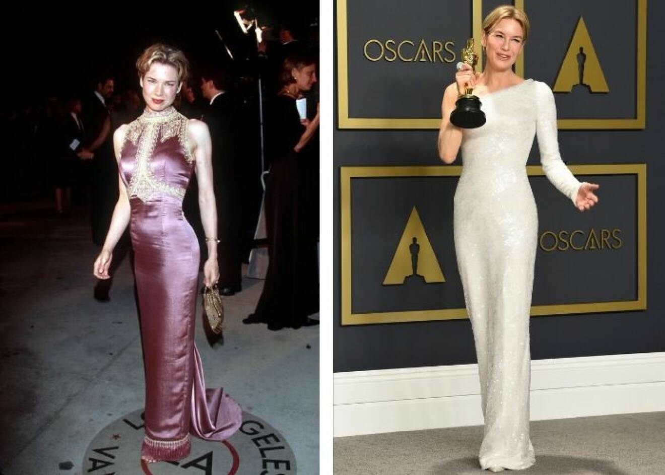 Till vänster Renée Zellweger på sin första Oscarsgala i rosa sidenklänning och till höger i vit, lång, fodralklänning på samma gala 2020.
