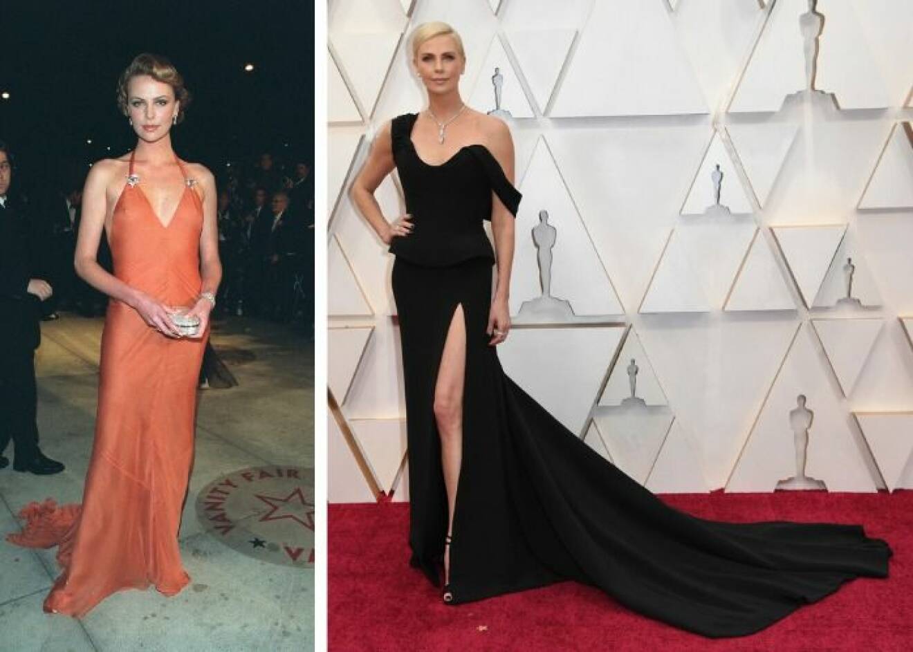 Till vänster Charlize Theron på Oscarsgalan 2000 i orange-röd klänning och till höger i svart klänning 2020.