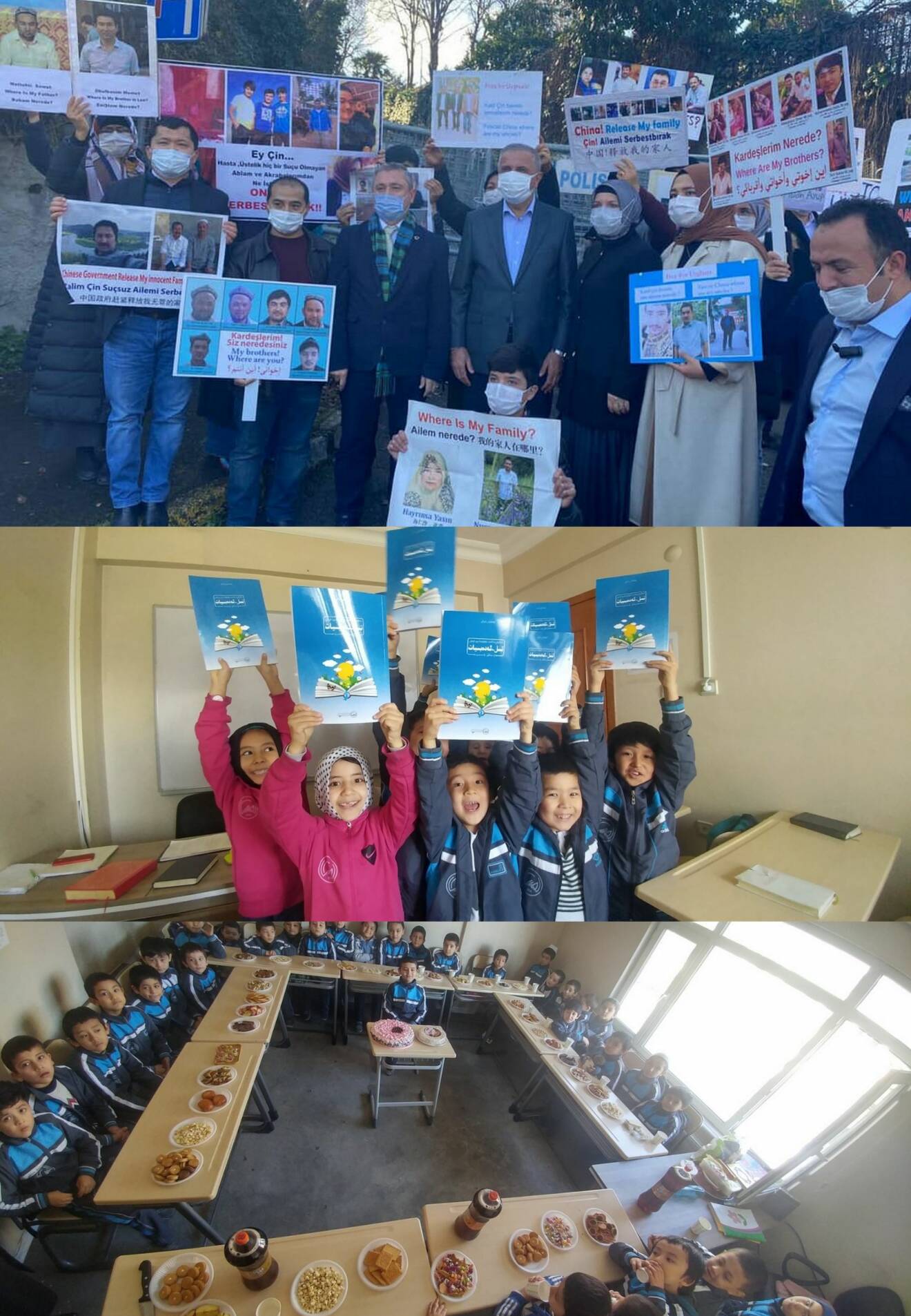Kollage med privata bilder från en skola i Turkiet där Uiguriska barn som flytt får utbilda sig, mat och gemenskap.