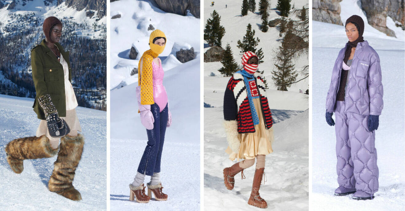 4 bilder från Miu Mius höst- och vinter visning för 2021. Visningen ägde rum i Italienska alperna och modellerna har pastellfärgade, quiltade jackor och byxor, stora snöboots i fuskpäls, långa halsdukar och grova boots med snörning.